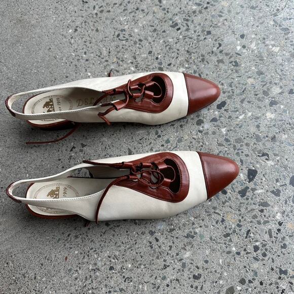 Delman Women’s 7.5 Heels Leather Slingback Cream Brown Spain Vintage Rare - Picture 2 of 3